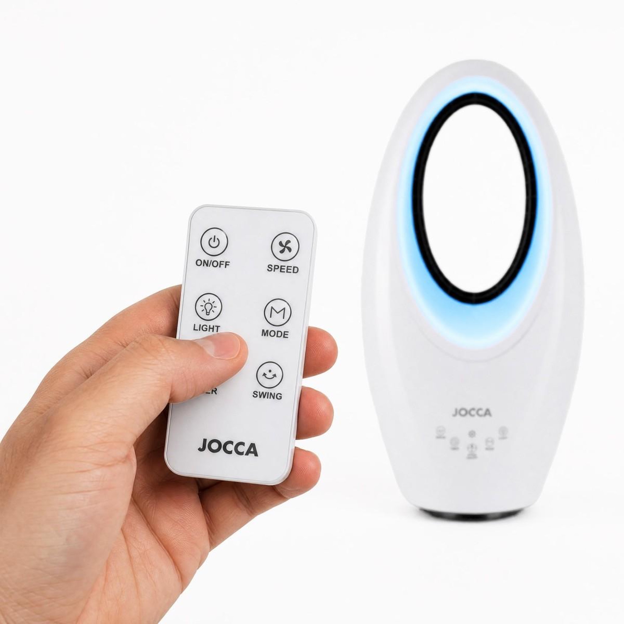 Voir la diapositive 2 : Jocca Ventilateur sans pales 65W Télécommande, Oscillation, Minuterie 12h, 3 Vitesses, Éclairage LED 4 Couleurs, 29 x 17 x 57 cm Jocca