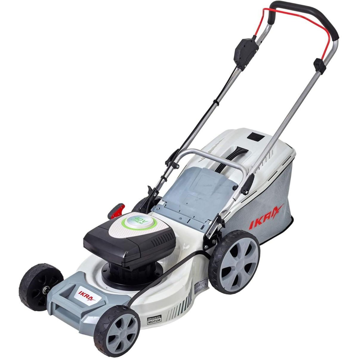 Ikra Tondeuse à gazon + 2 Batteries 40V + Chargeur, Coupe Ø43cm, 6 positions - Tondeuse sans fil Mulching Bac 50L Jardin 600 m2 IKRA