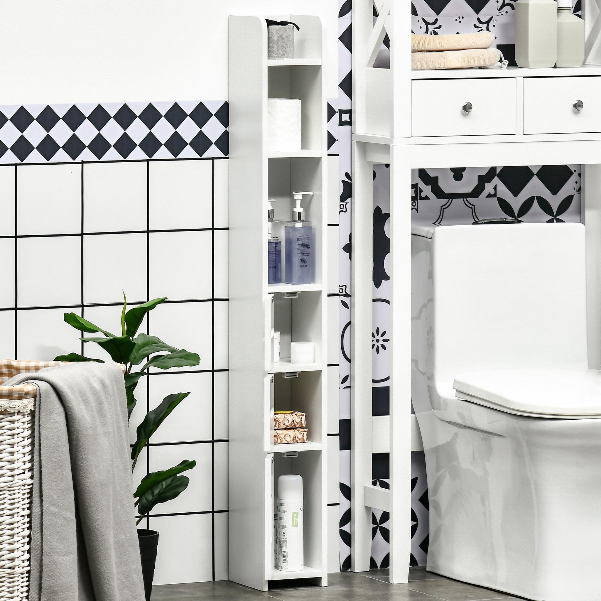 Voir la diapositive 4 : KLEANKIN Meuble bas colonne rangement salle de bain WC 3 portes 2 niches étagère blanc