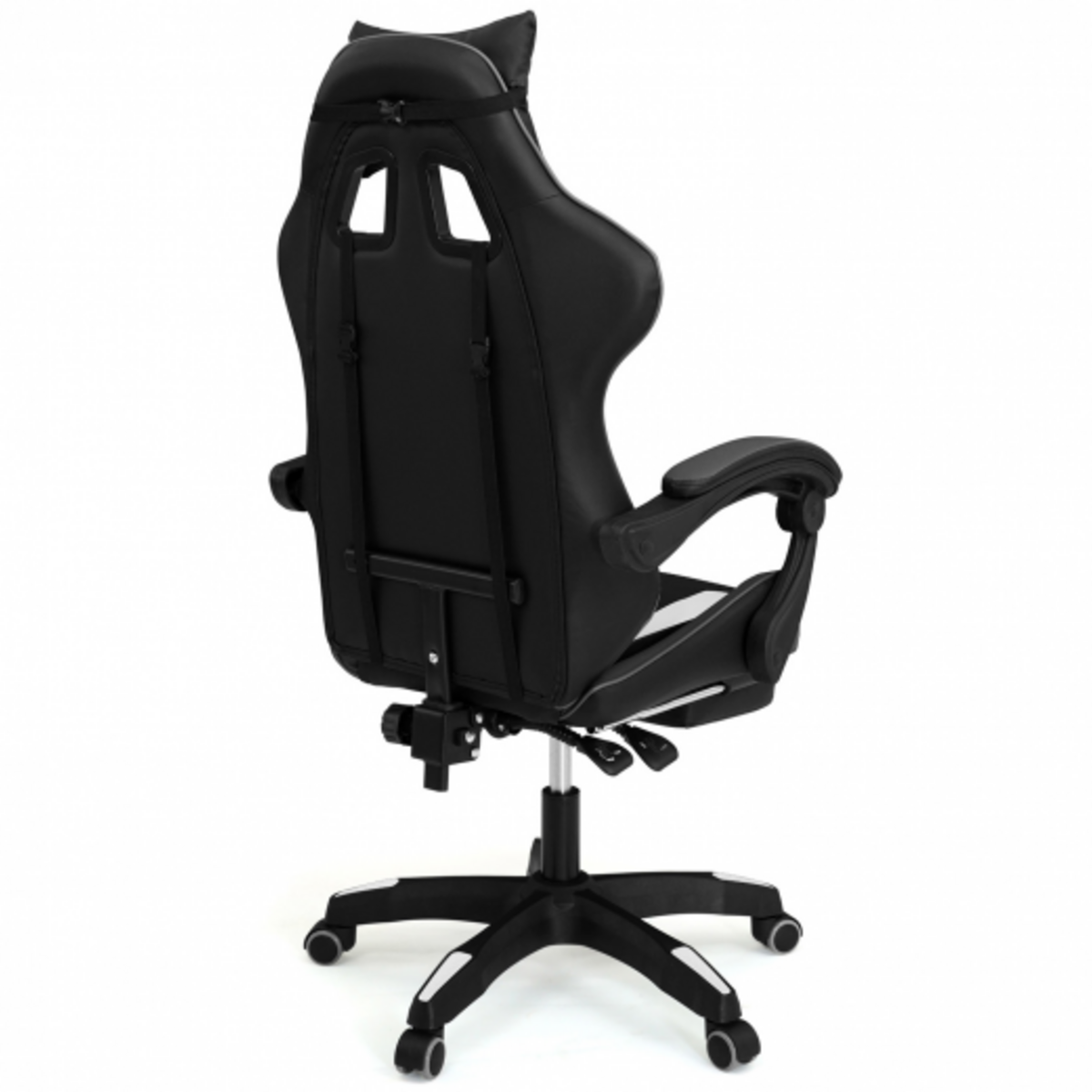 ID MARKET Fauteuil de gaming ALEX réglable avec repose-pied, coussin de tête et coussin lombaire noir blanc et gris