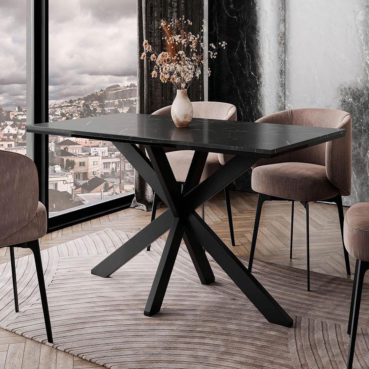 BEST MOBILIER Tom - table à manger - plateau effet marbre - pieds en métal - 4 à 6 personnes