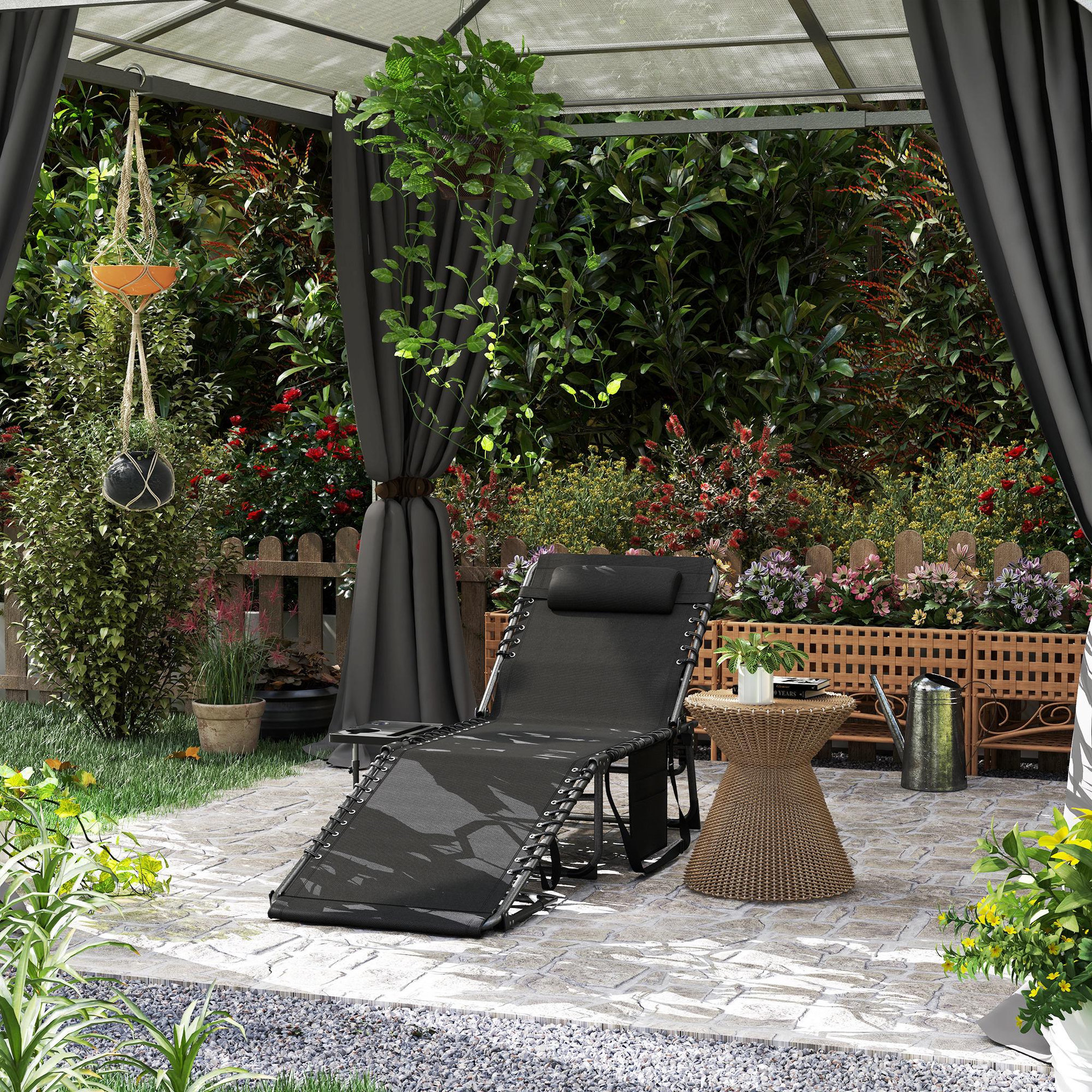 Voir la diapositive 4 : OUTSUNNY Bain de soleil transat pliable inclinable avec poignée, plateau et pochette rangement acier oxford noir