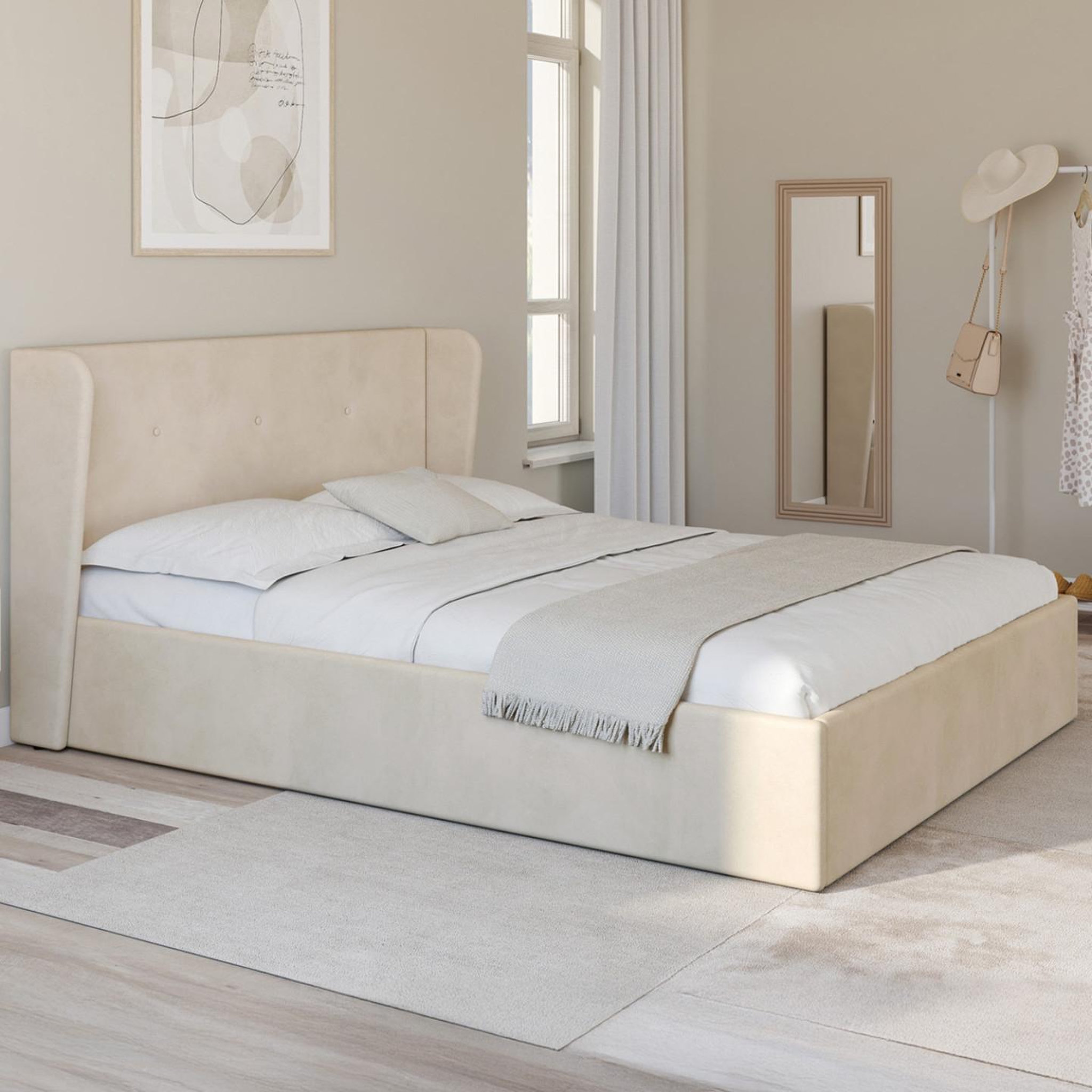 Voir la diapositive 2 : ID MARKET Lit coffre double orea avec tête de lit enveloppante et sommier 140 x 190 cm velours beige
