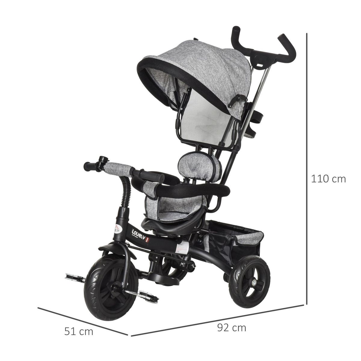 HOMCOM Tricycle enfant évolutif pare-soleil pliable canne  télescopique amovible 92 x 51 x 110 cm acier gris noir