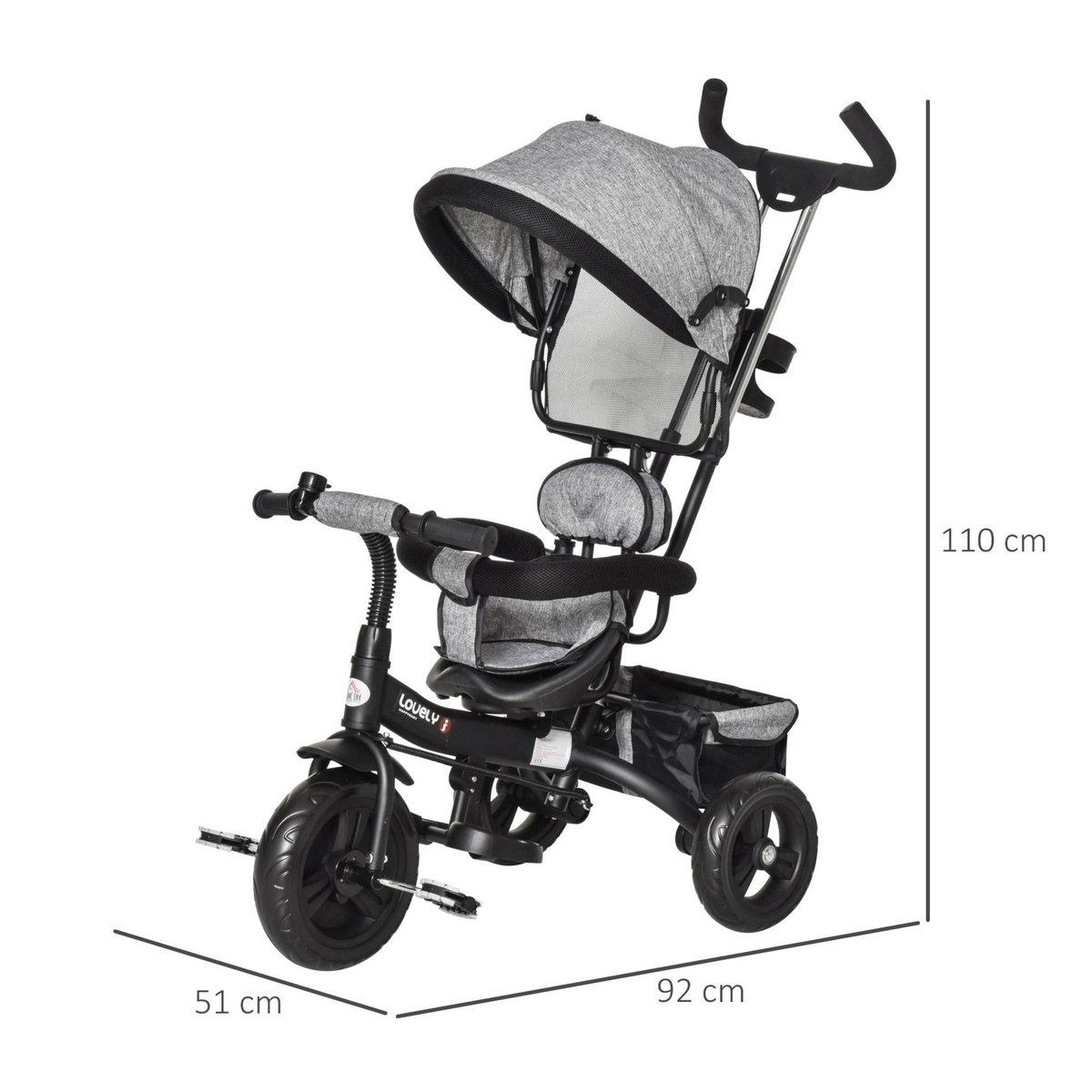 HOMCOM Tricycle enfant évolutif pare-soleil pliable canne  télescopique amovible 92 x 51 x 110 cm acier gris noir