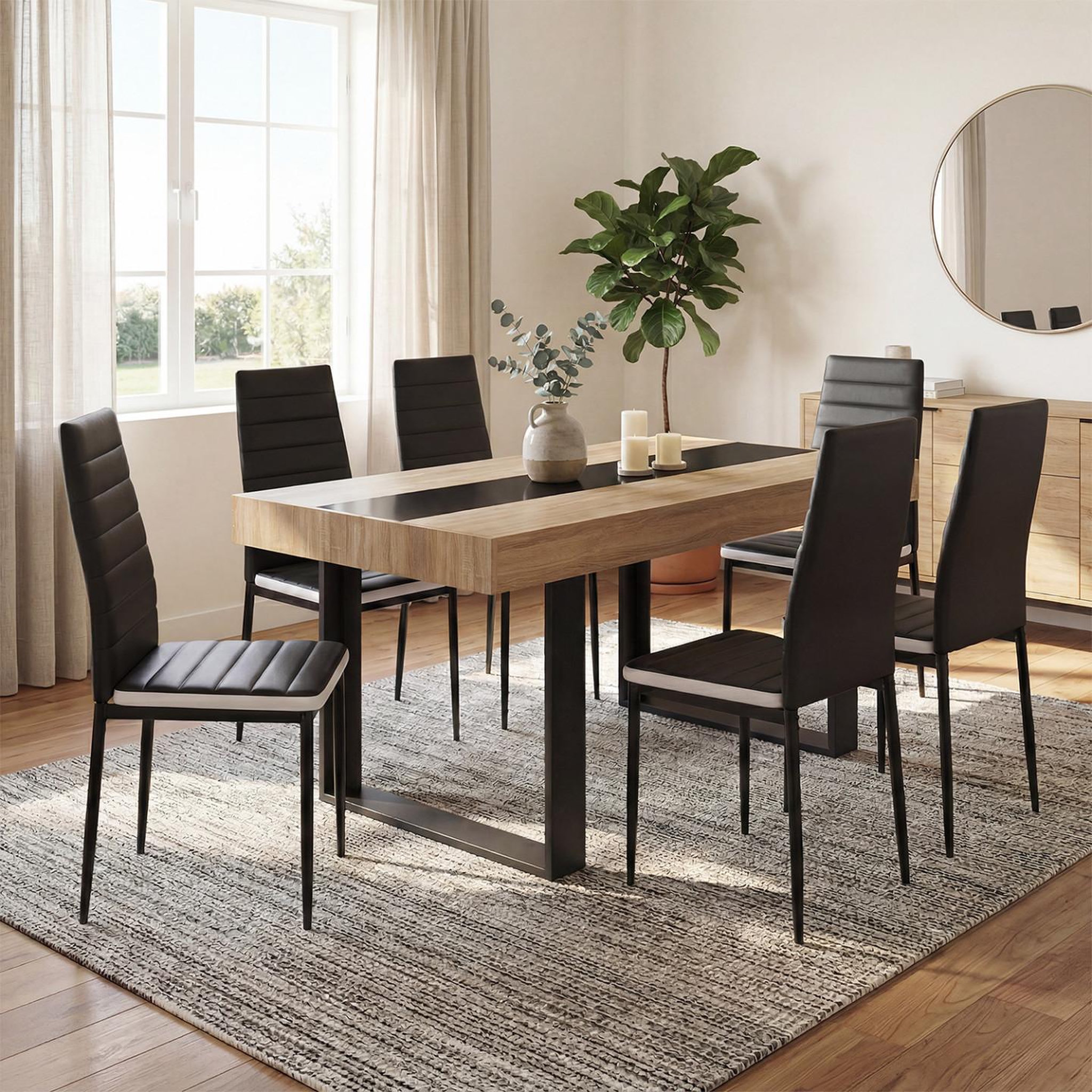 Voir la diapositive 2 : ID MARKET Ensemble table à manger rectangle phoenix bois et noir bande centrale noire 160 cm et 6 chaises romane noires bandeau blanc