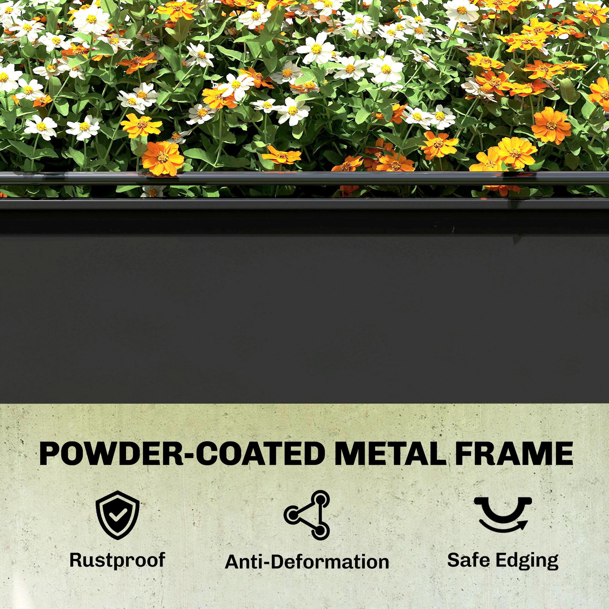 Voir la diapositive 4 : OUTSUNNY Potager sur pieds - serre rabattable - trou de drainage - pour plantes fleurs légumes - métal - 100 x 49 x 136 - noir