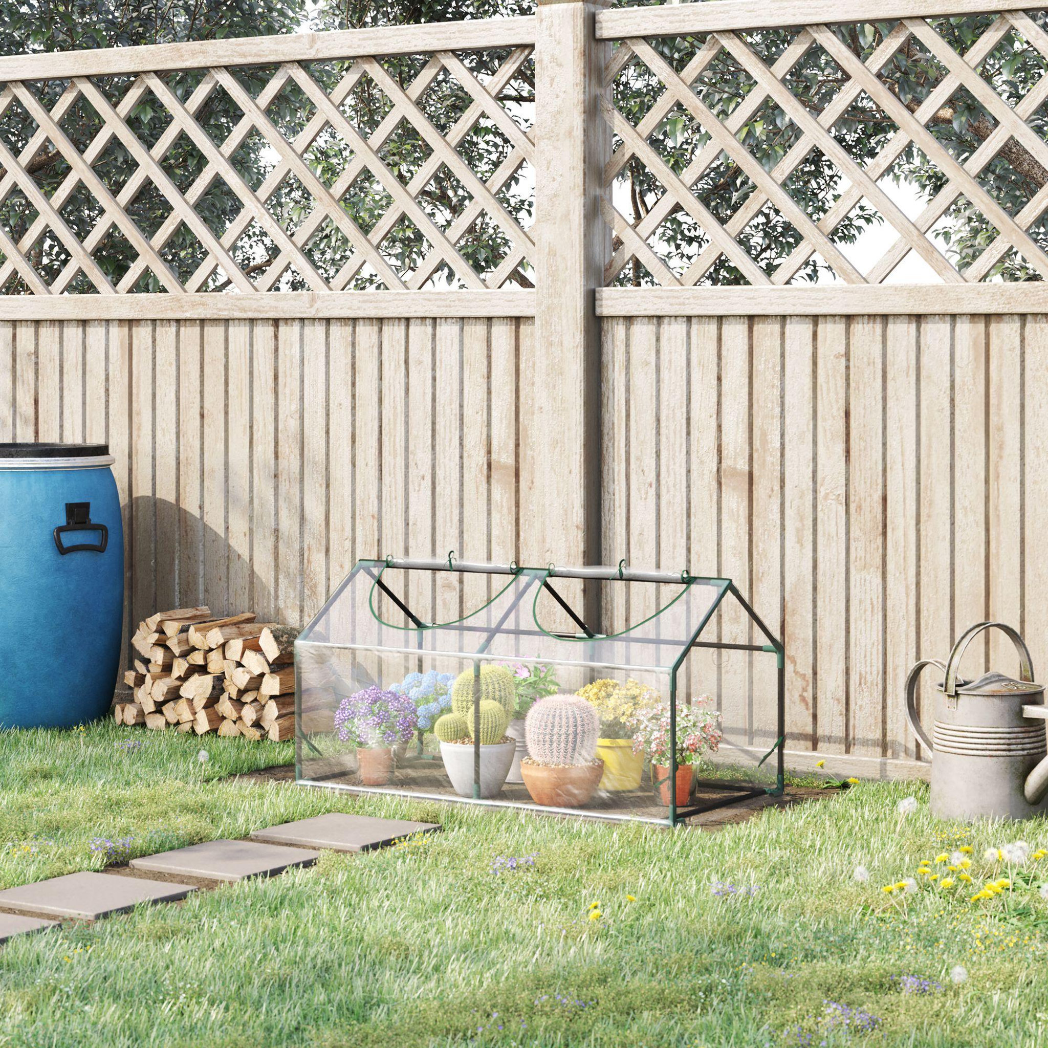Voir la diapositive 4 : OUTSUNNY Mini serre de jardin serre à tomates 120 x 60 x 60 cm 2 fenêtres zippées enroulables acier thermolaqué PVC haute densité transparent