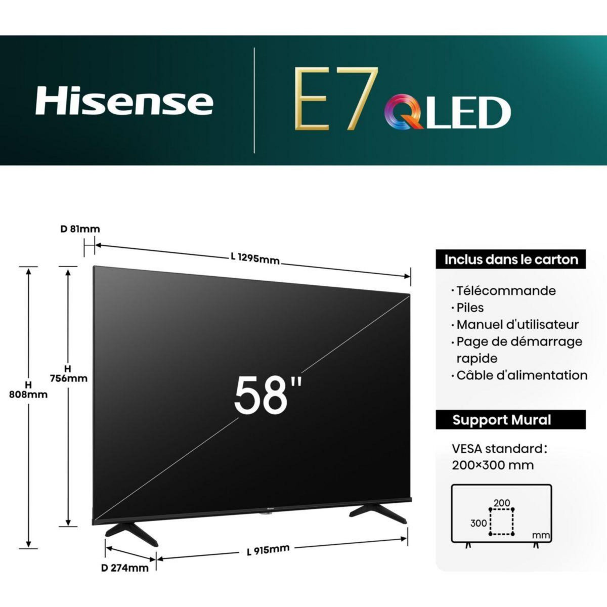 Hisense TV QLED 58E7NQ 2024-58 pouces (146cm)