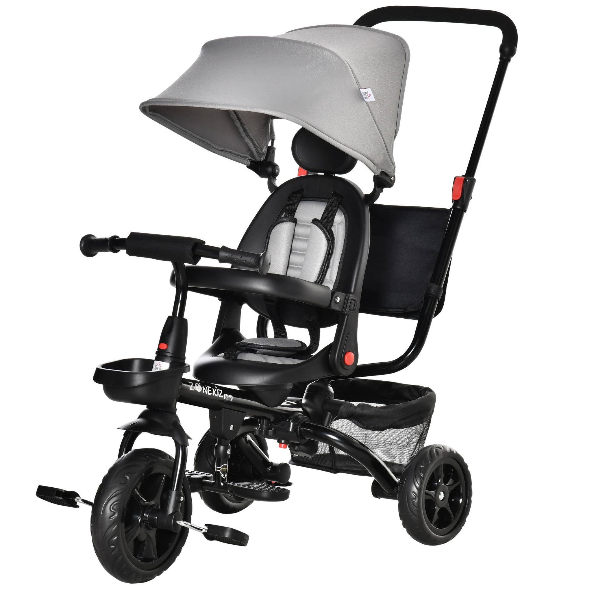 Voir la diapositive 1 : HOMCOM Tricycle enfant évolutif pliable - pare-soleil, canne télescopique amovible - siège pivotant, harnais, arceau sécurité - repose-pied - 3 paniers rangement - métal PP gris noir