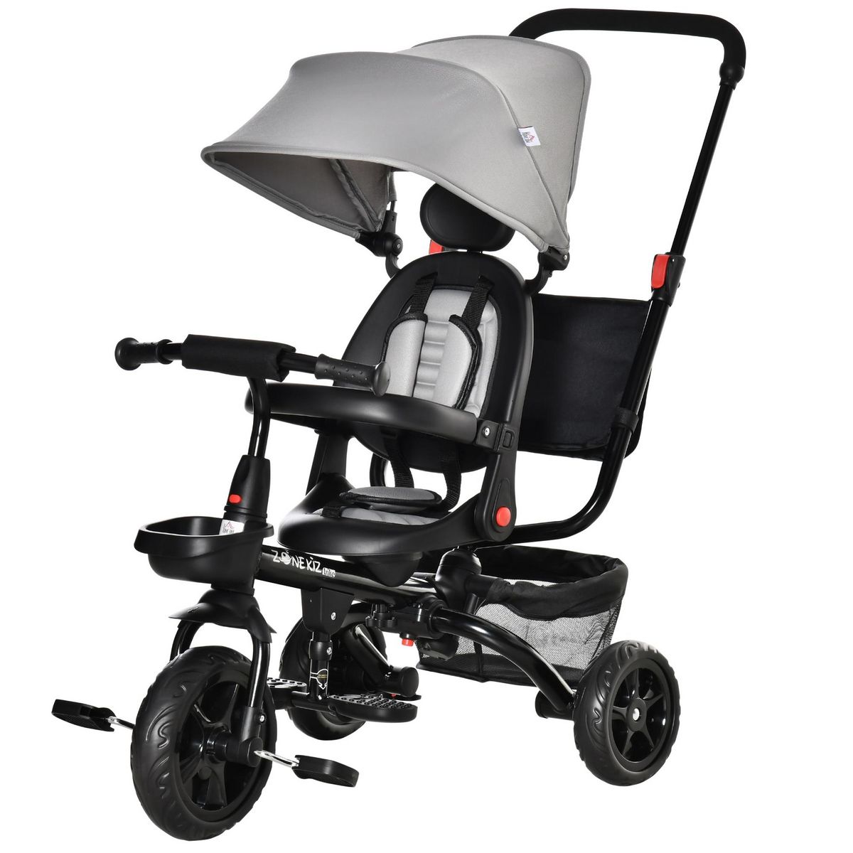 HOMCOM Tricycle enfant évolutif pliable - pare-soleil, canne télescopique amovible - siège pivotant, harnais, arceau sécurité - repose-pied - 3 paniers rangement - métal PP gris noir