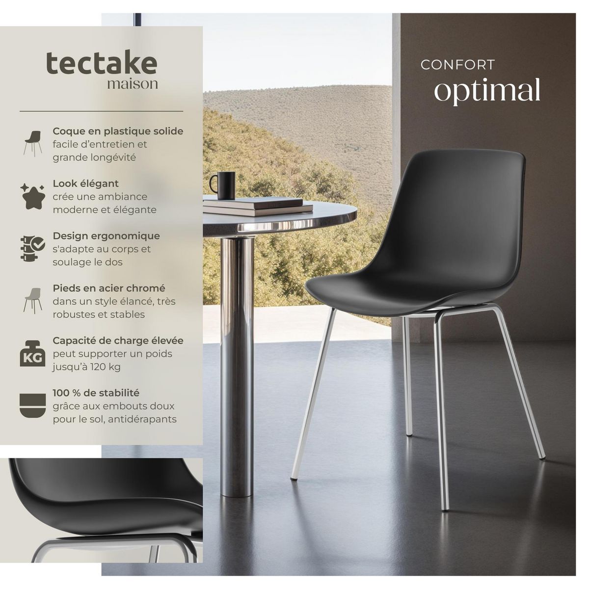 tectake Chaises en plastique grande coupe en plastique noir/gris chrome Lot de 4