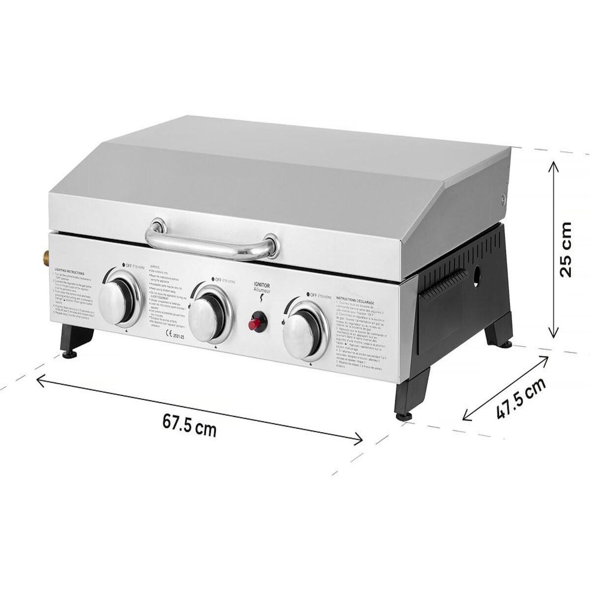 Habitat et Jardin Plancha à gaz avec 3 bruleurs et couvercle en métal  Fasto  - 7,5 kw - Gris