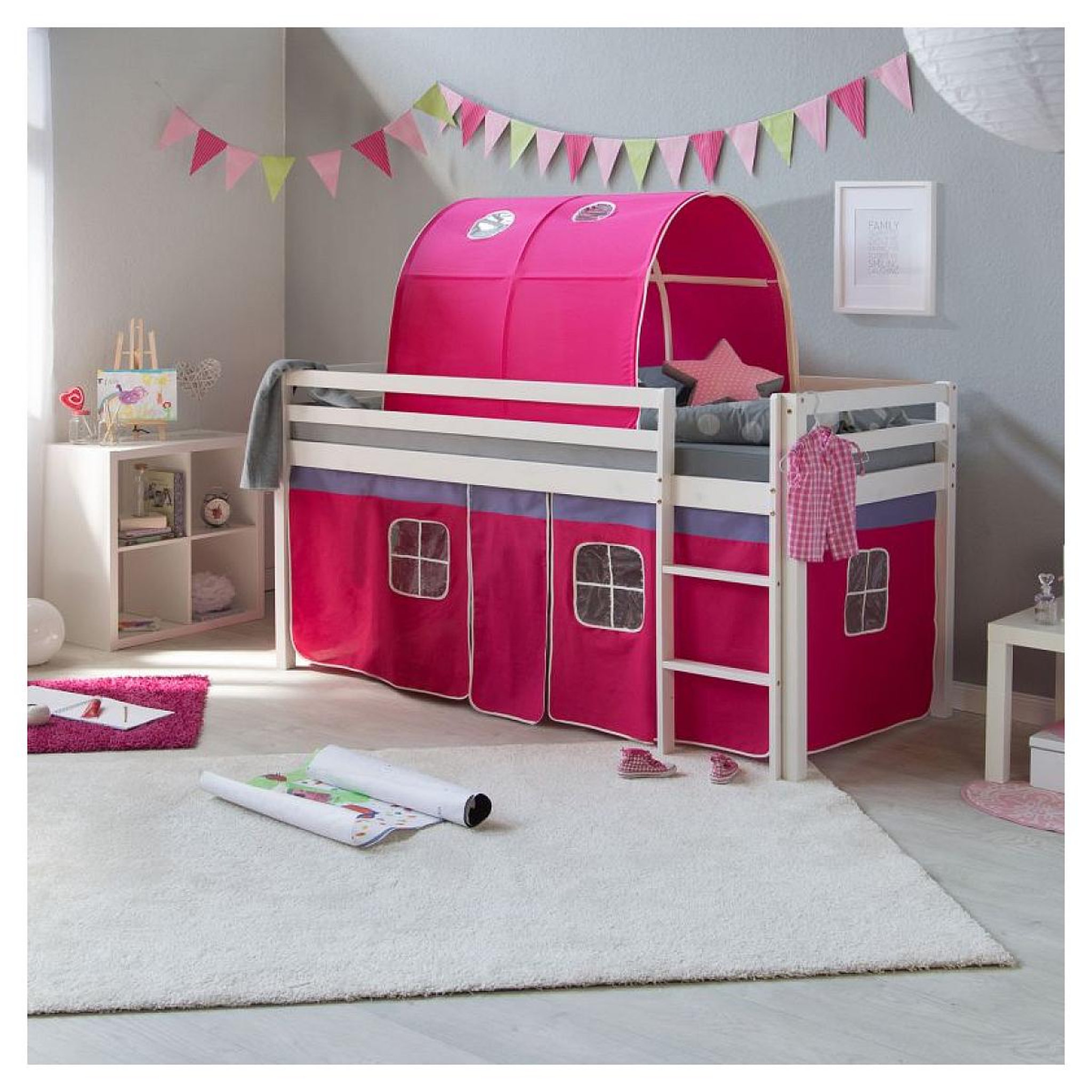Voir la diapositive 2 : HomeStyle4U Lit rose mi-haut 90x200 cm sommier matelas tunnel