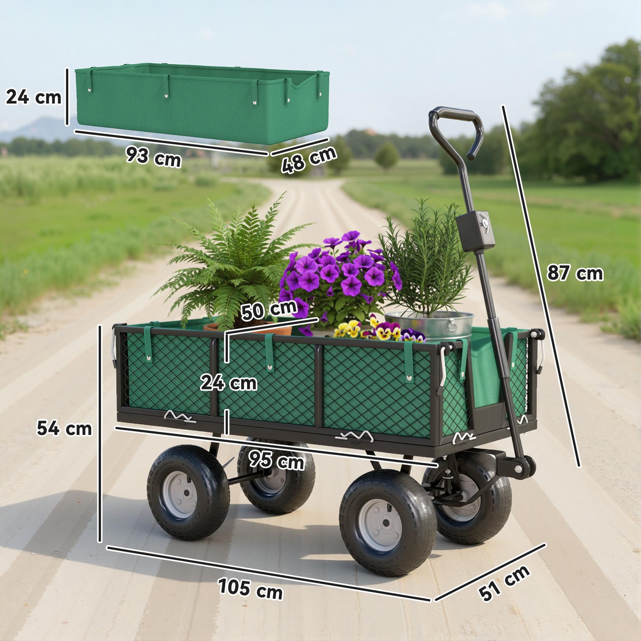 Voir la diapositive 3 : OUTSUNNY Chariot de jardin en acier - chariot de transport - côtés amovibles, poignée rotative - max. 300 Kg - vert