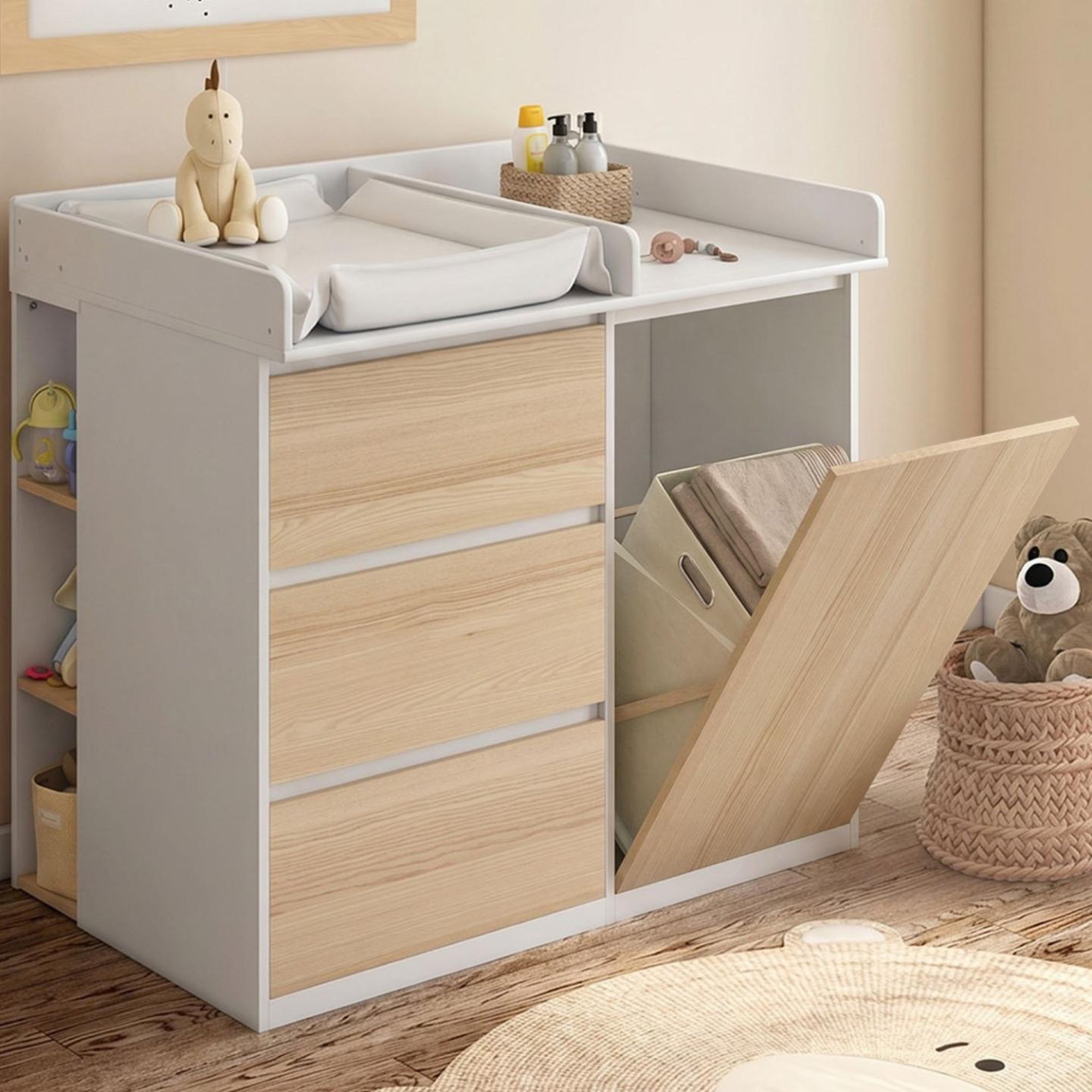 Voir la diapositive 2 : ID MARKET Commode à langer évolutive ambre façon hêtre et blanc 3 tiroirs, 1 panier à linge, table à langer et 2 étagères amovibles