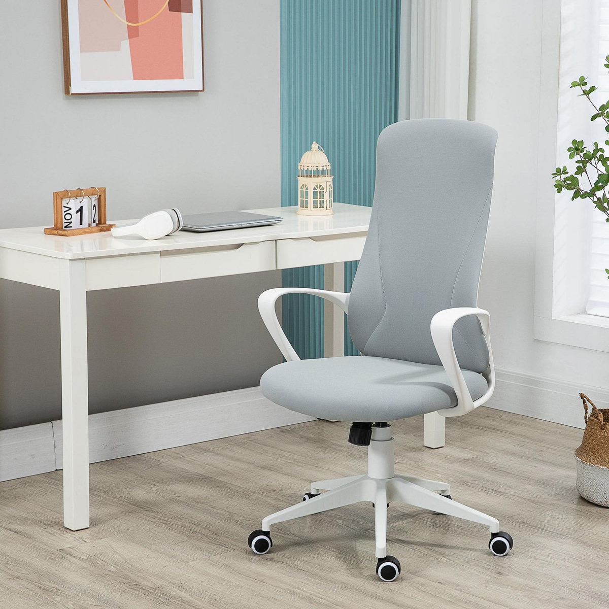 VINSETTO Fauteuil de Bureau ergonomique avec accoudoirs et roulettes pivotant - Fonction Inclinaison et Hauteur réglable dim. 62L x 56l x 119,5H cm - Gris clair