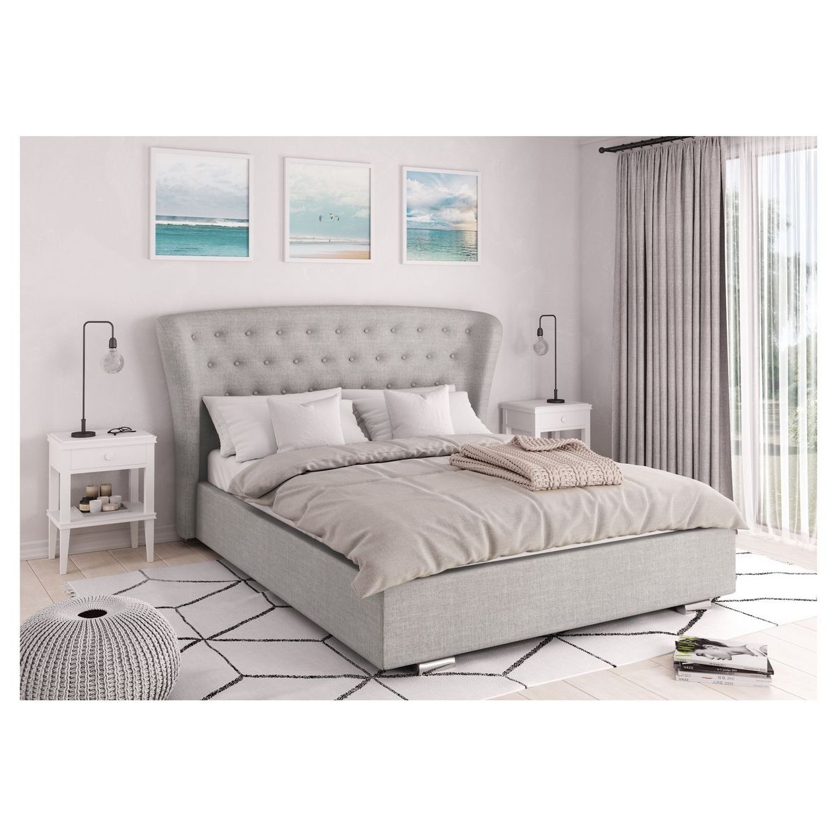 lit coffre avec sommier relevable et tête de lit arrondie capitonnée en tissu gris clair 140x190 cm DUC