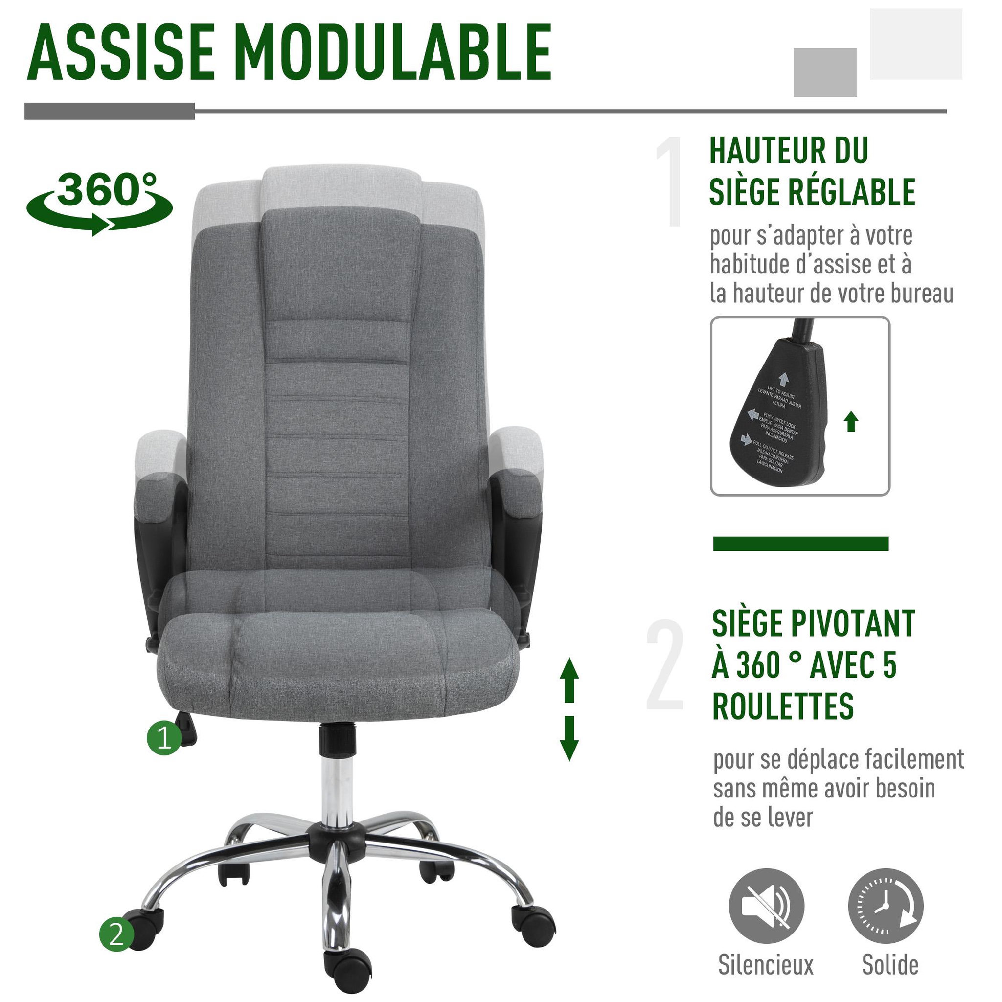 Voir la diapositive 4 : HOMCOM HOMCOM Fauteuil de bureau à roulettes chaise manager ergonomique pivotante hauteur réglable lin gris foncé