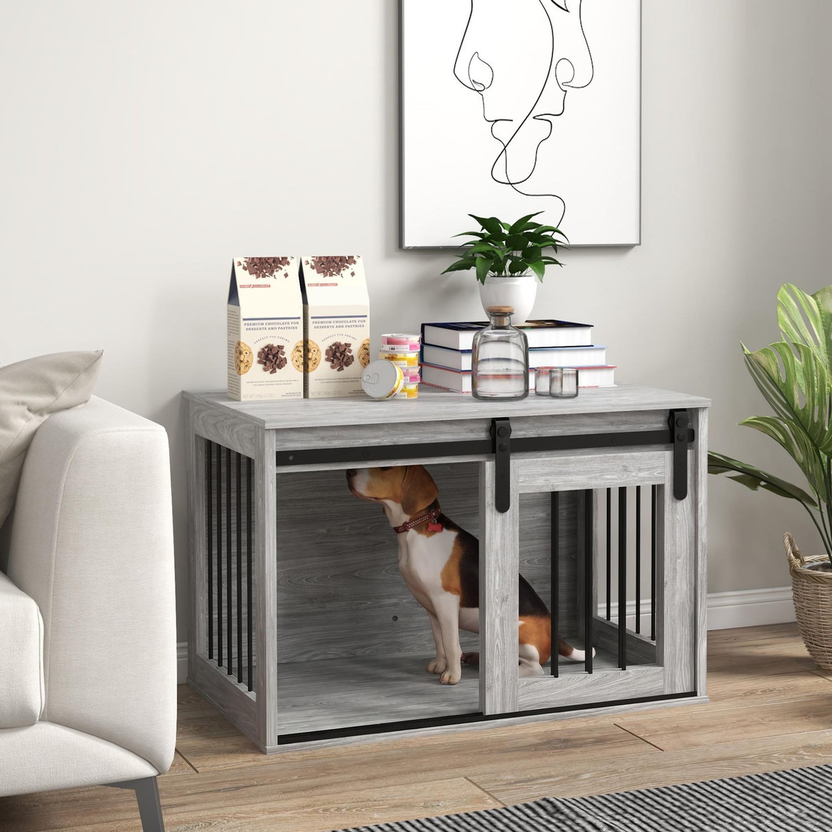PAWHUT Cage pour chien animaux style industriel - porte coulissante verrouillable - acier noir aspect bois gris