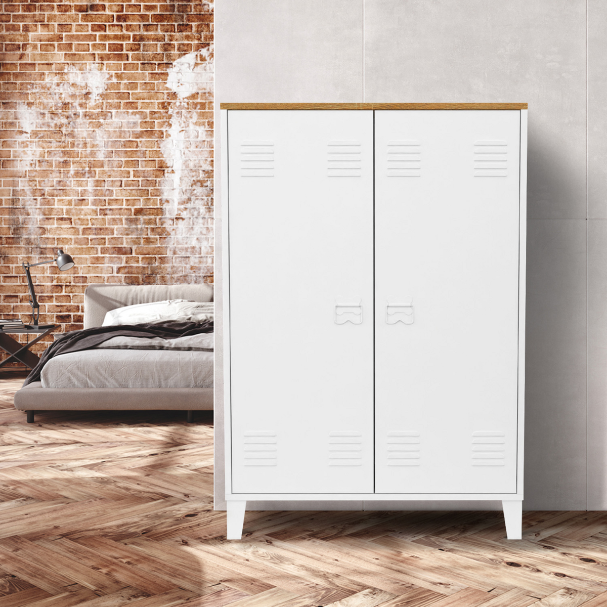 ID MARKET Armoire basse ESTER 2 portes métal blanc et plateau bois design industriel