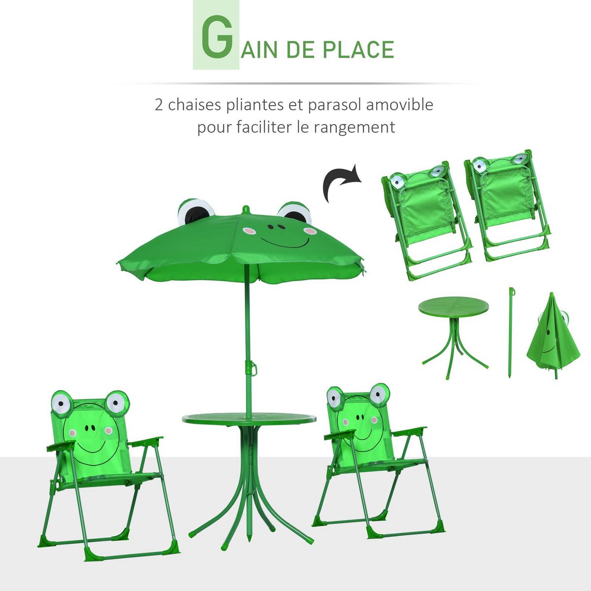 OUTSUNNY Ensemble salon de jardin enfant 4 pcs design grenouille - table ronde + 2 chaises pliables + parasol - métal époxy oxford vert