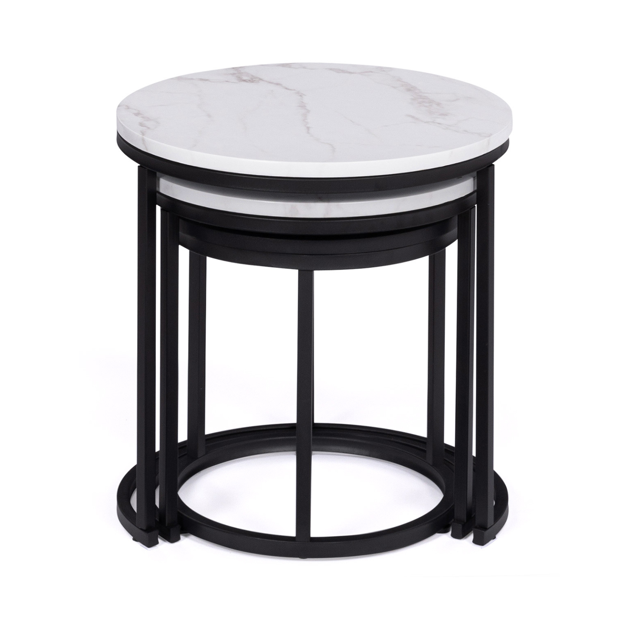 Voir la diapositive 4 : ID MARKET Lot de 3 tables basses gigognes alaska rondes 35/40/45 effet marbre et noir pieds métal