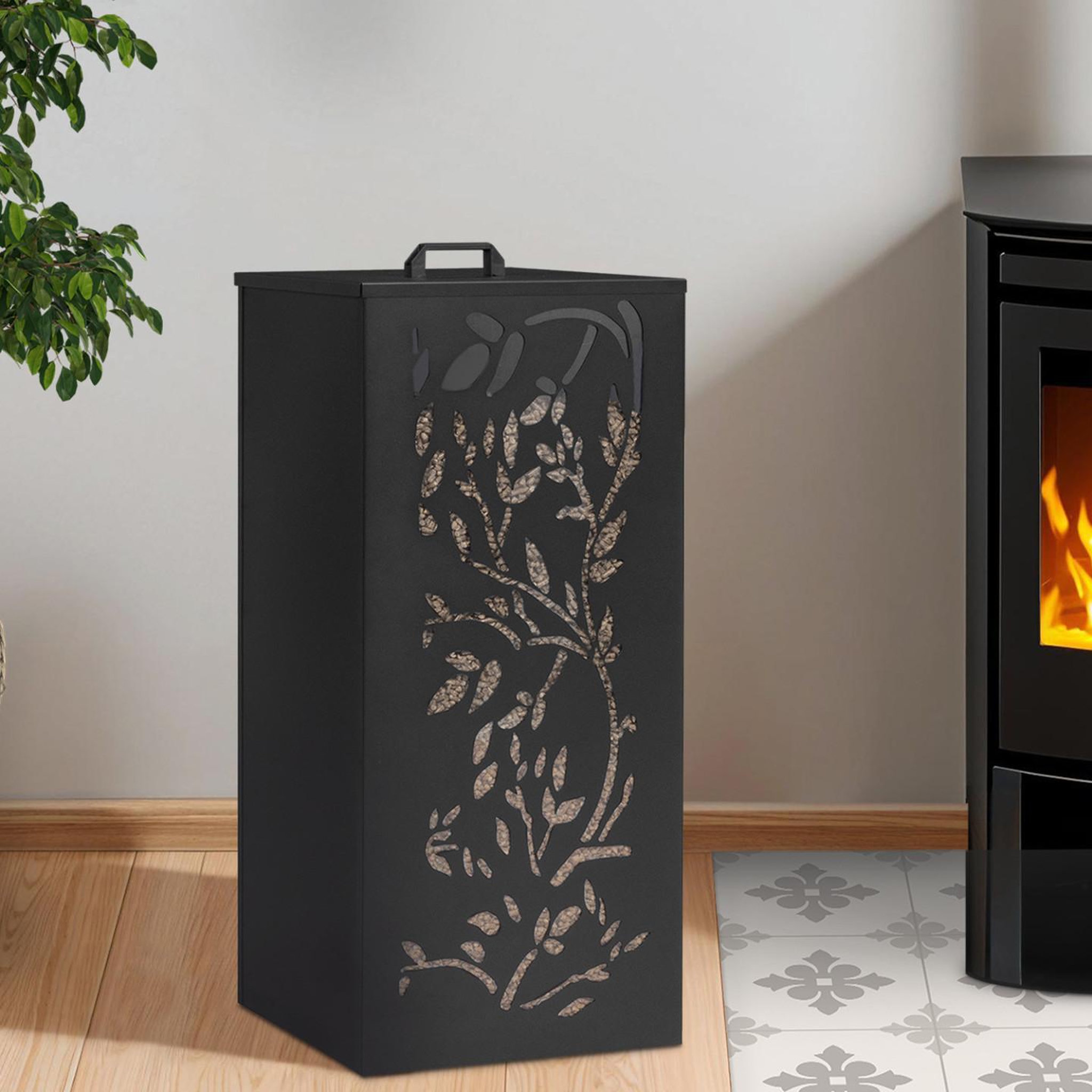 Voir la diapositive 2 : ID MARKET Réservoir à granulés 55 kg noir rangement à pellets 36 x 36 x 87 cm - motif floral