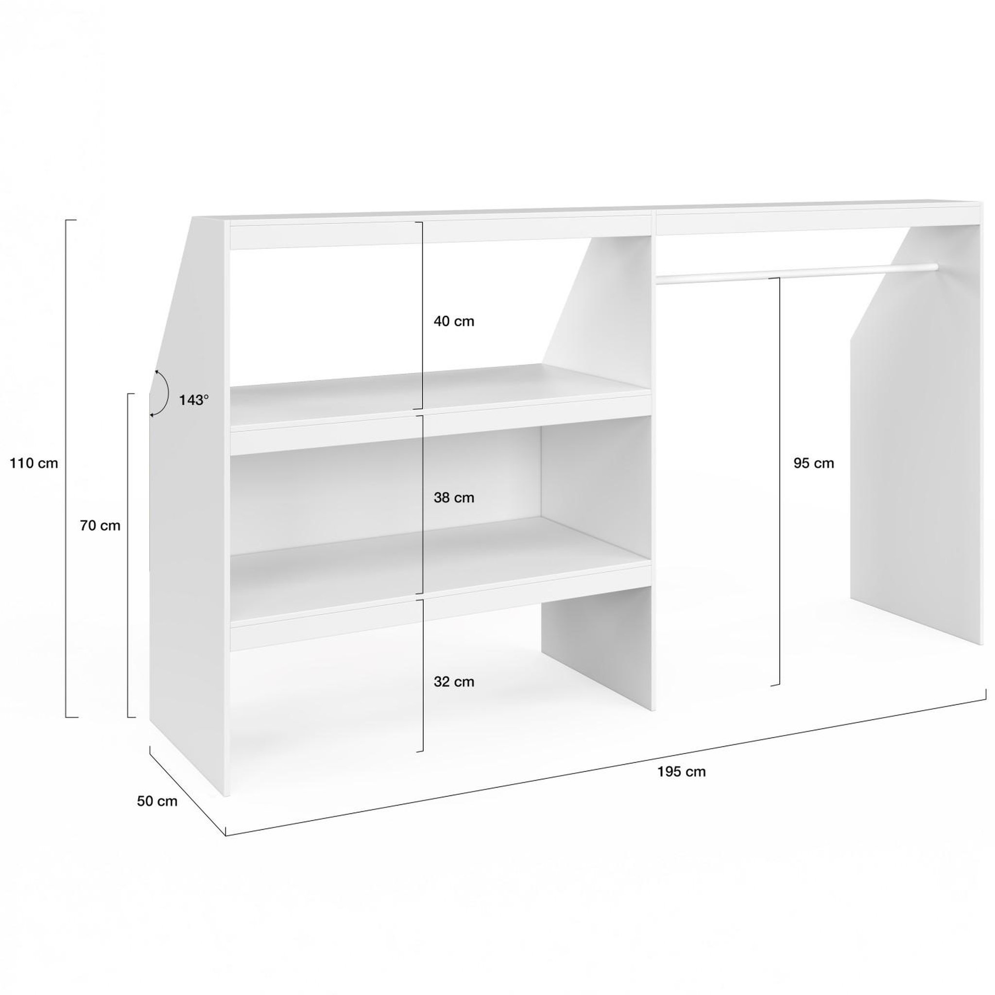 Voir la diapositive 4 : ID MARKET Kit dressing sous pente avec étagère 2 niveaux et penderie tomi 195 x 50 x 70/110 cm blanc