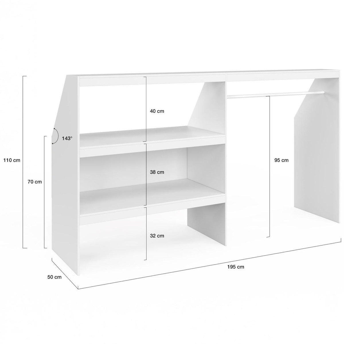 ID MARKET Kit dressing sous pente avec étagère 2 niveaux et penderie extensible TOMI 195 x 50 x 70/110 cm blanc
