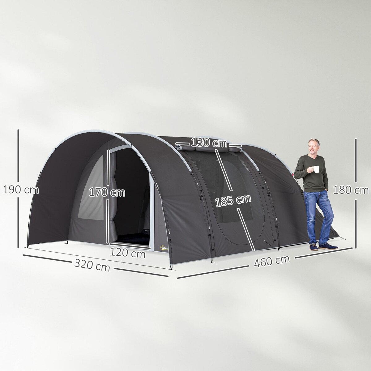 OUTSUNNY Tente camping 6 places - tente tunnel familiale - imperméabilité 5000mm - dim. 4,6 x 3,2 x 1,9 m - sac inclus - gris