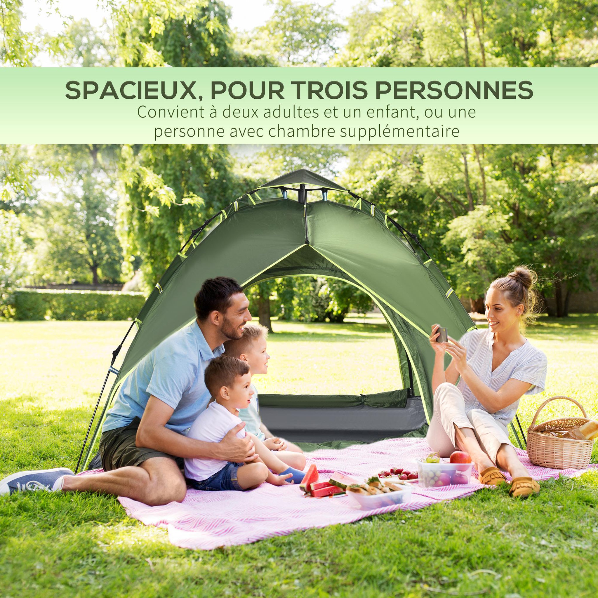 Voir la diapositive 4 : OUTSUNNY Tente de camping pop up 2-3 personnes 2 portes vert kaki montage démontage facile sac de transport inclus fibre verre polyester
