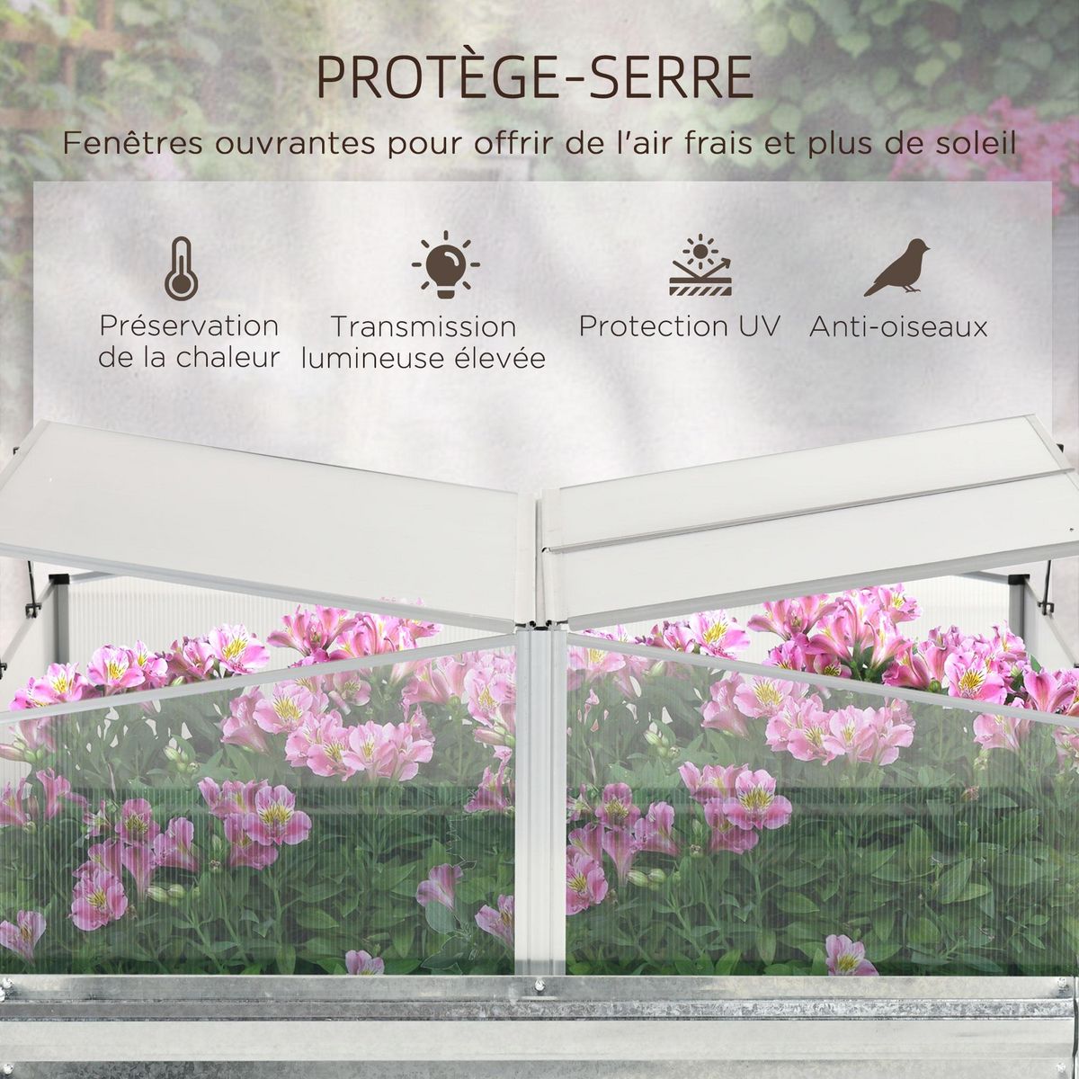 OUTSUNNY Mini serre de jardin carré potager 2 lucarnes dim. 126L x 107l x 67H cm alliage alu. acier galvanisé ondulé polycarbonate