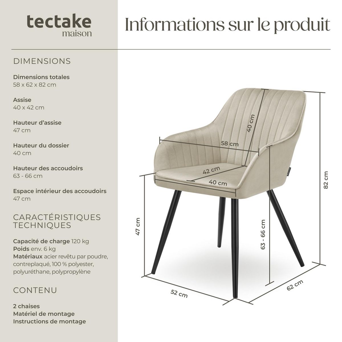 tectake Chaise de salle à manger en velours matelassée et capitonnée crème/noir Lot de 2