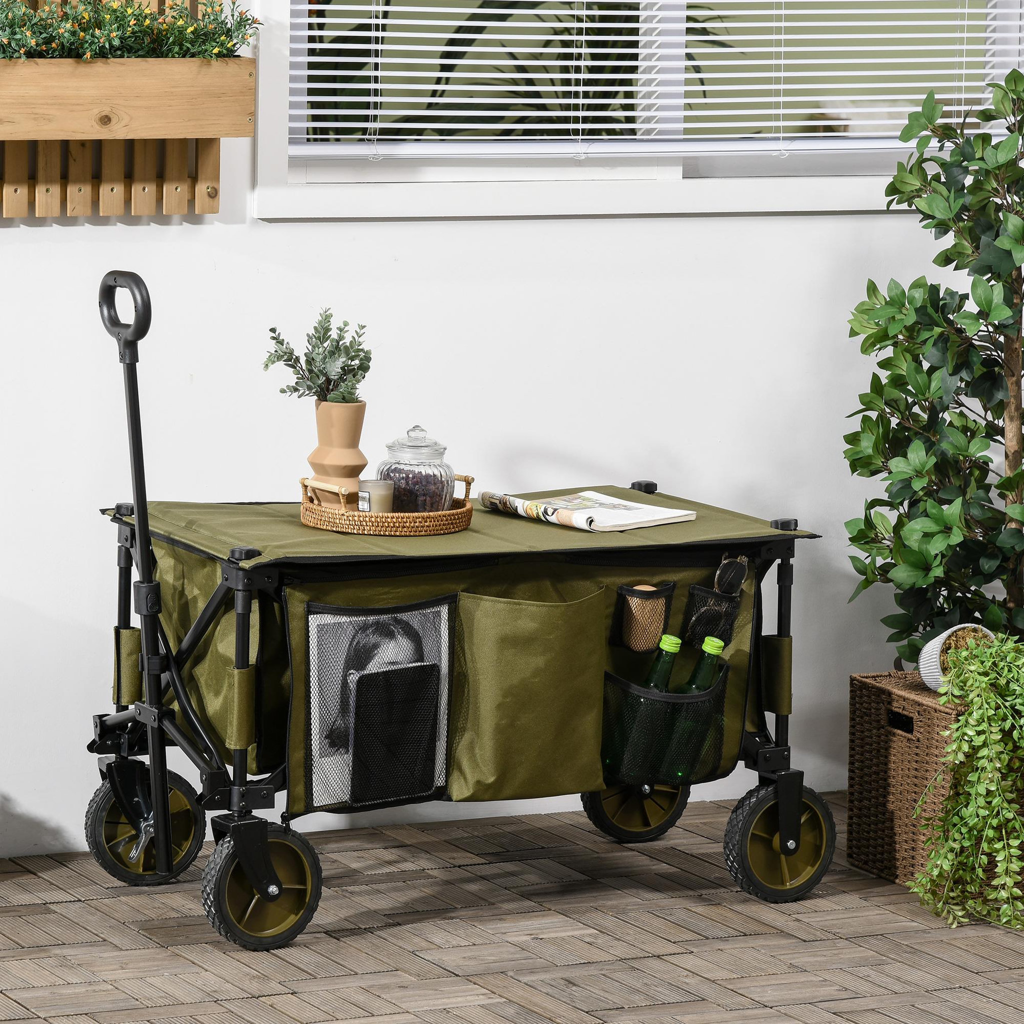 Voir la diapositive 2 : OUTSUNNY Chariot de jardin pliable 4 roues - bâche amovible, poignée télescopique réglable, 5 pochettes rangement - acier polyester kaki
