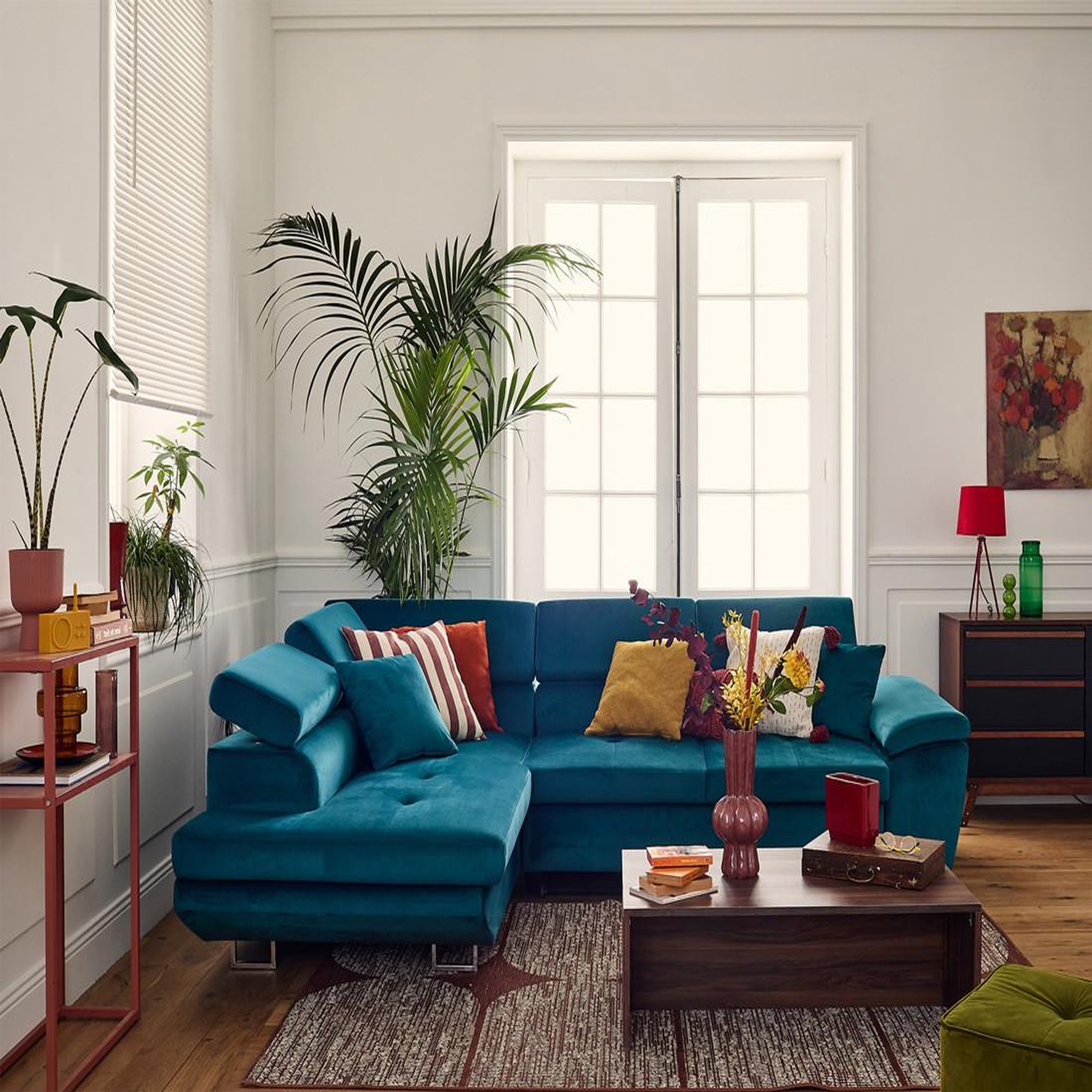 Voir la diapositive 6 : BEST MOBILIER Dimas - canapé d'angle gauche 5 places - convertible avec coffre et têtières réglables - en velours