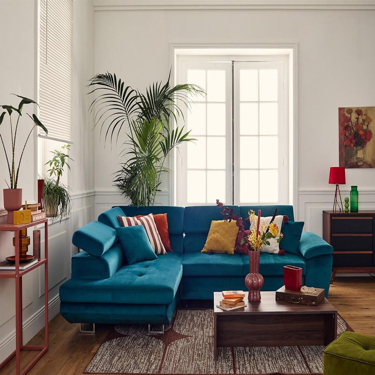 BEST MOBILIER Dimas - canapé d'angle gauche 5 places - convertible avec coffre et têtières réglables - en velours