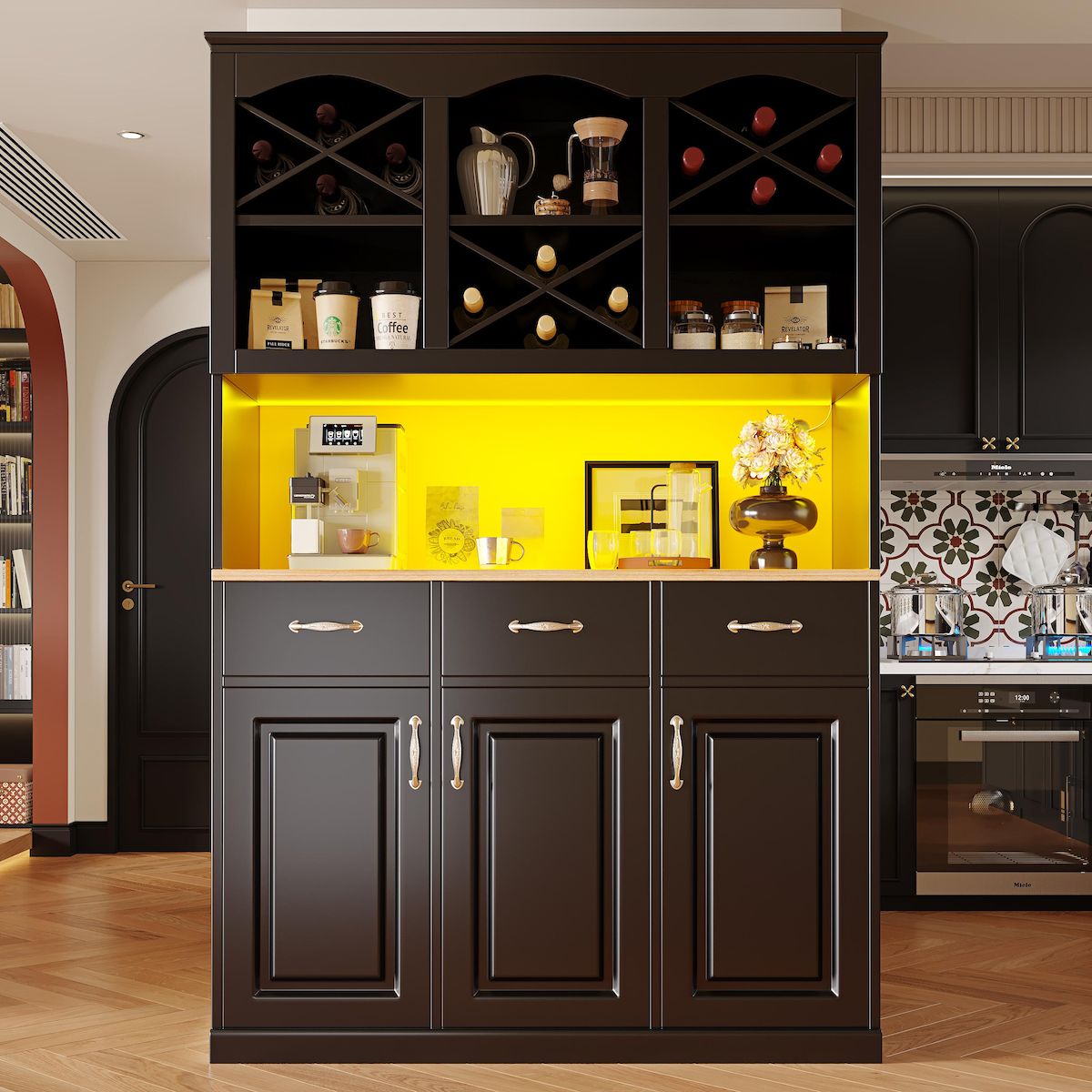 MERAX Buffet de cuisine 3 portes 3 tiroirs - 120 cm noir led mdf