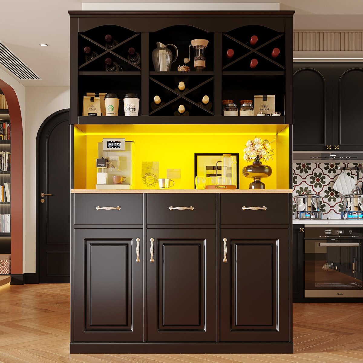 MERAX Buffet de cuisine 3 portes 3 tiroirs - 120 cm noir led mdf