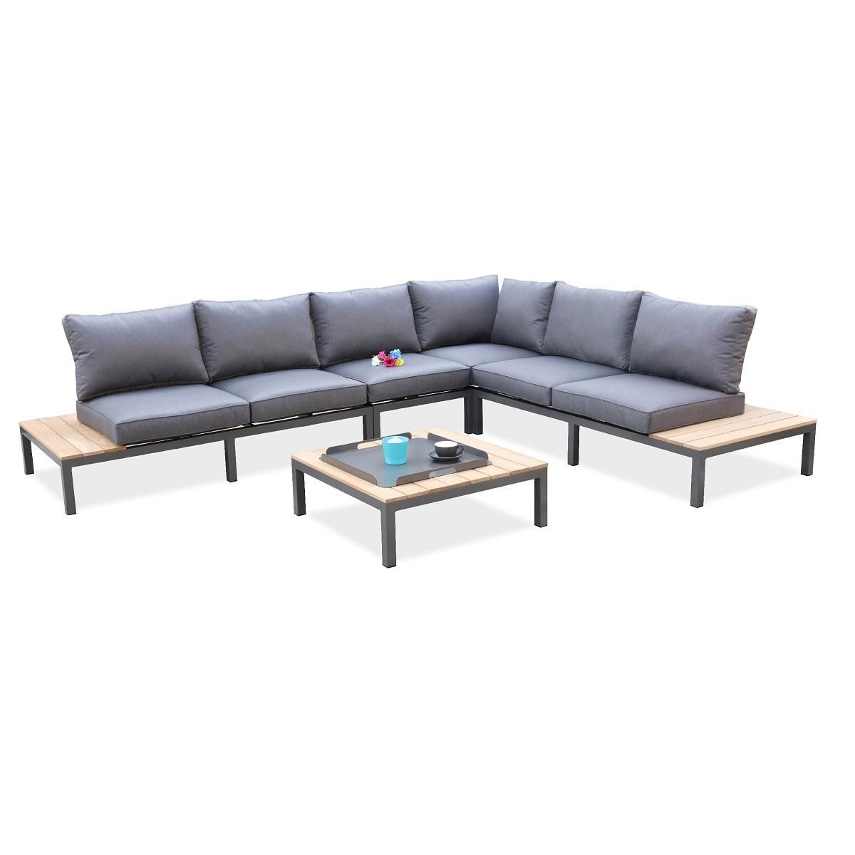 DCB GARDEN Salon bas de jardin - 6 places - Aluminium/bois - Anthracite - NAGANO