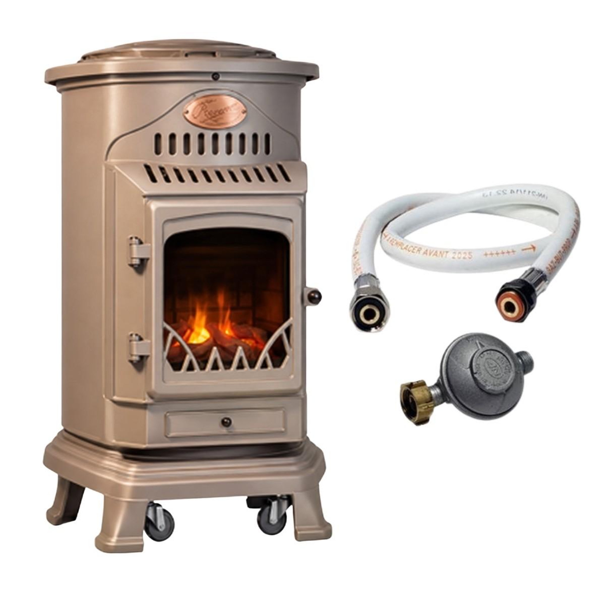 UNIVERSAL Poele à gaz 3,4KW Fonte véritable Provence Marron miel + Tuyau gaz + Detendeur gaz butane Sahara