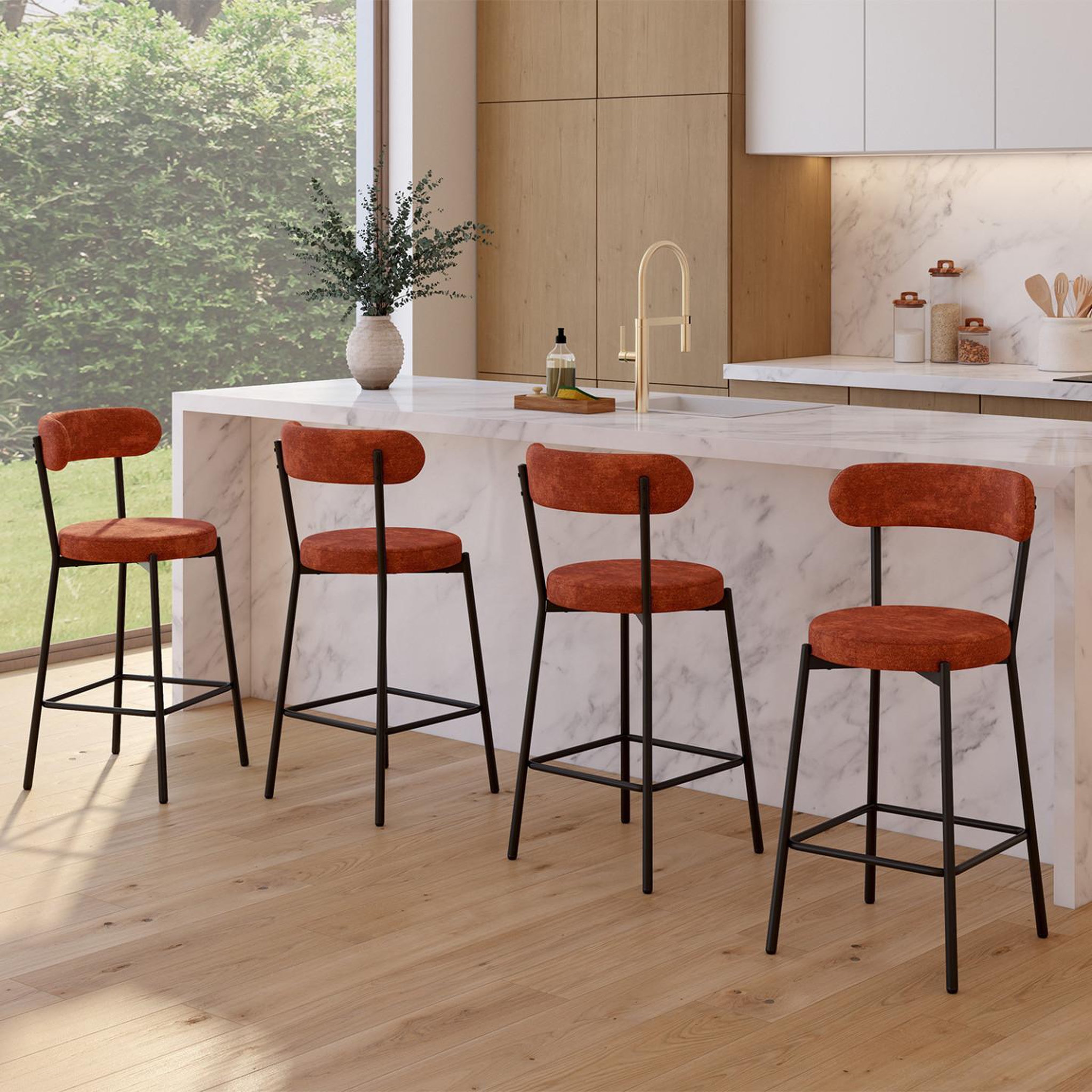 Voir la diapositive 2 : ID MARKET Lot de 4 tabourets de bar miki dossier incurvé en tissu chenille terracotta pieds en métal noir