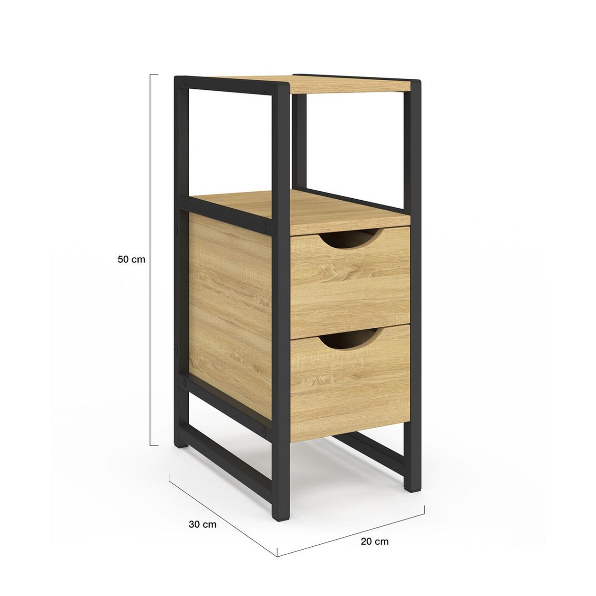 ID MARKET Lot de 2 tables de chevet DETROIT 2 tiroirs et 1 niche bois et métal noir design industriel