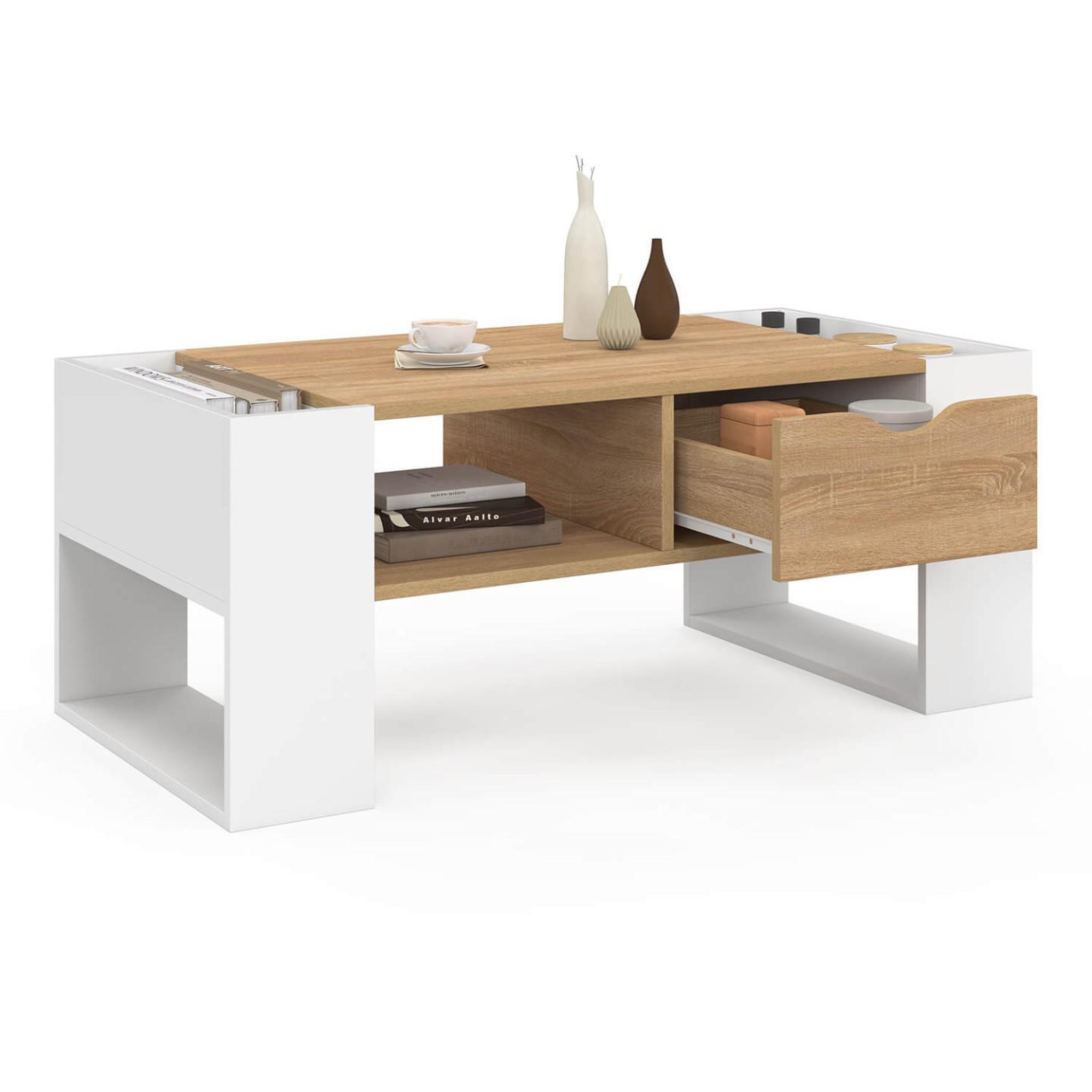 Voir la diapositive 4 : ID MARKET Table basse rectangulaire beryl avec tiroir bois blanc et façon hêtre