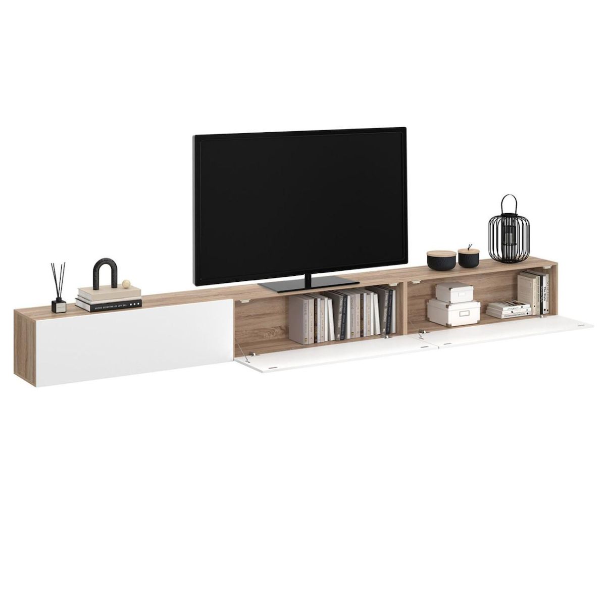 ID MARKET Meuble TV 300 cm suspendu ELIO 3 portes bois et blanc