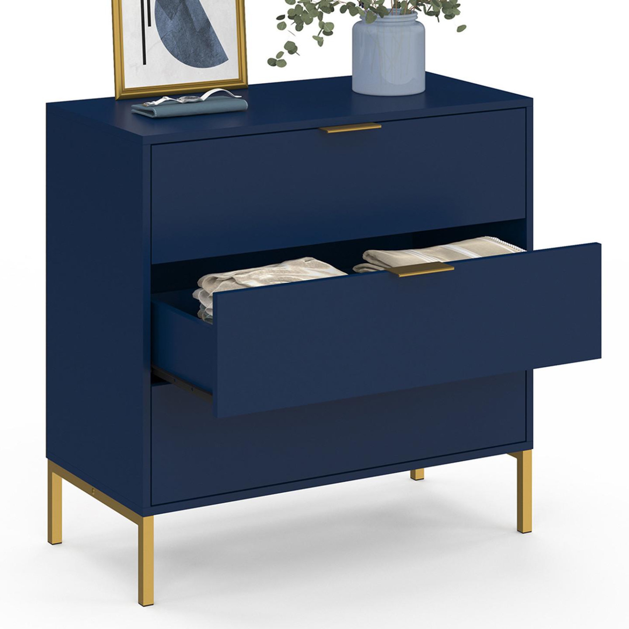 Voir la diapositive 4 : ID MARKET Commode 3 tiroirs blenia 80 cm bleu nuit et finitions dorées