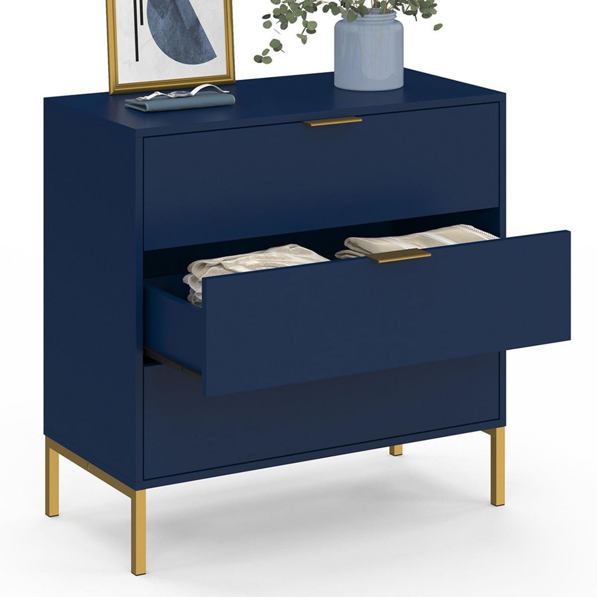 ID MARKET Commode 3 tiroirs BLENIA 80 cm bleu nuit et finitions dorées