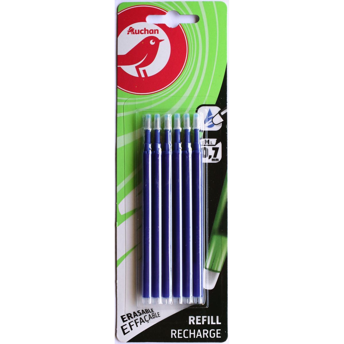 AUCHAN Lot de 6 recharges encre effaçable bleue