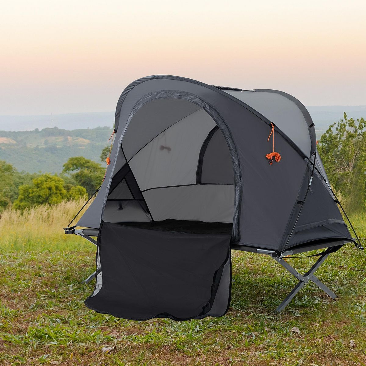 OUTSUNNY Ensemble tente de camping 3 en 1 avec lit de camp, tente, matelas gonflable gris
