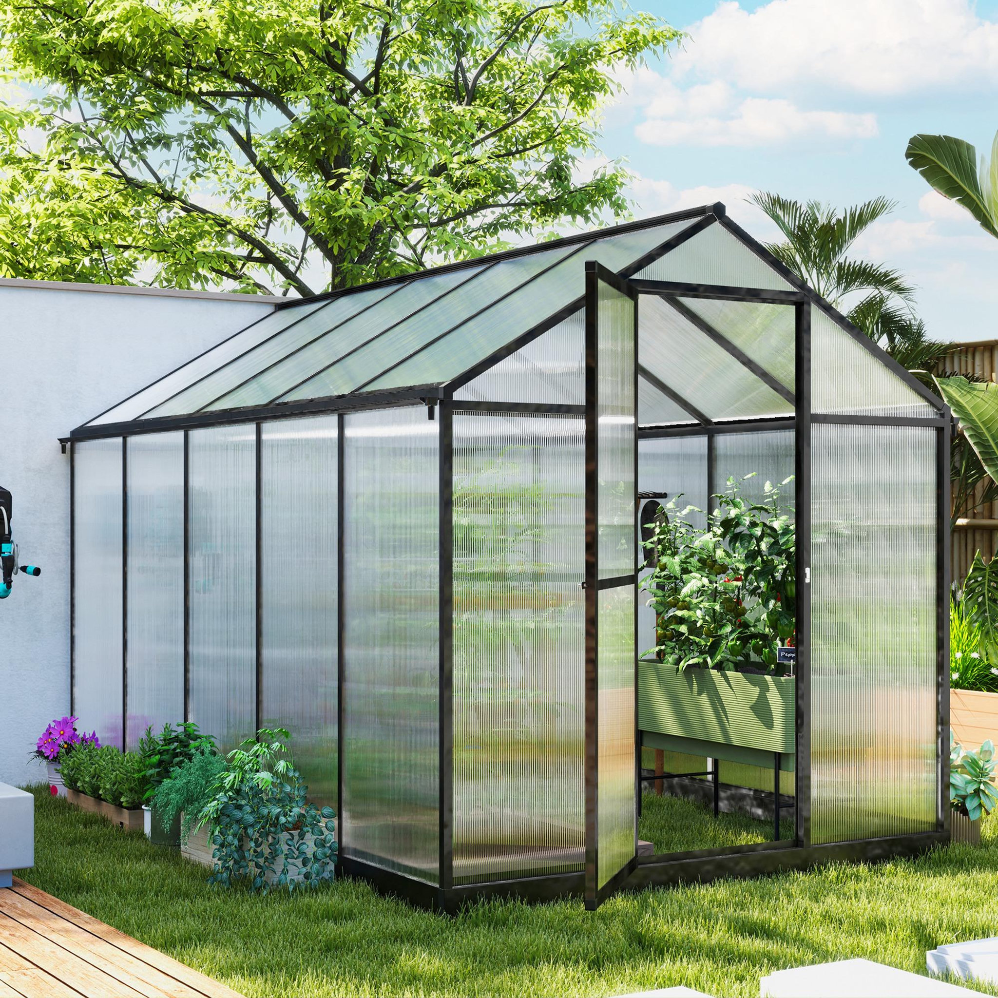 Voir la diapositive 2 : OUTSUNNY Serre de jardin alu polycarbonate 5,5 m² dim. 3,03x1,83x1,95m fondation lucarne porte loquet anthracite